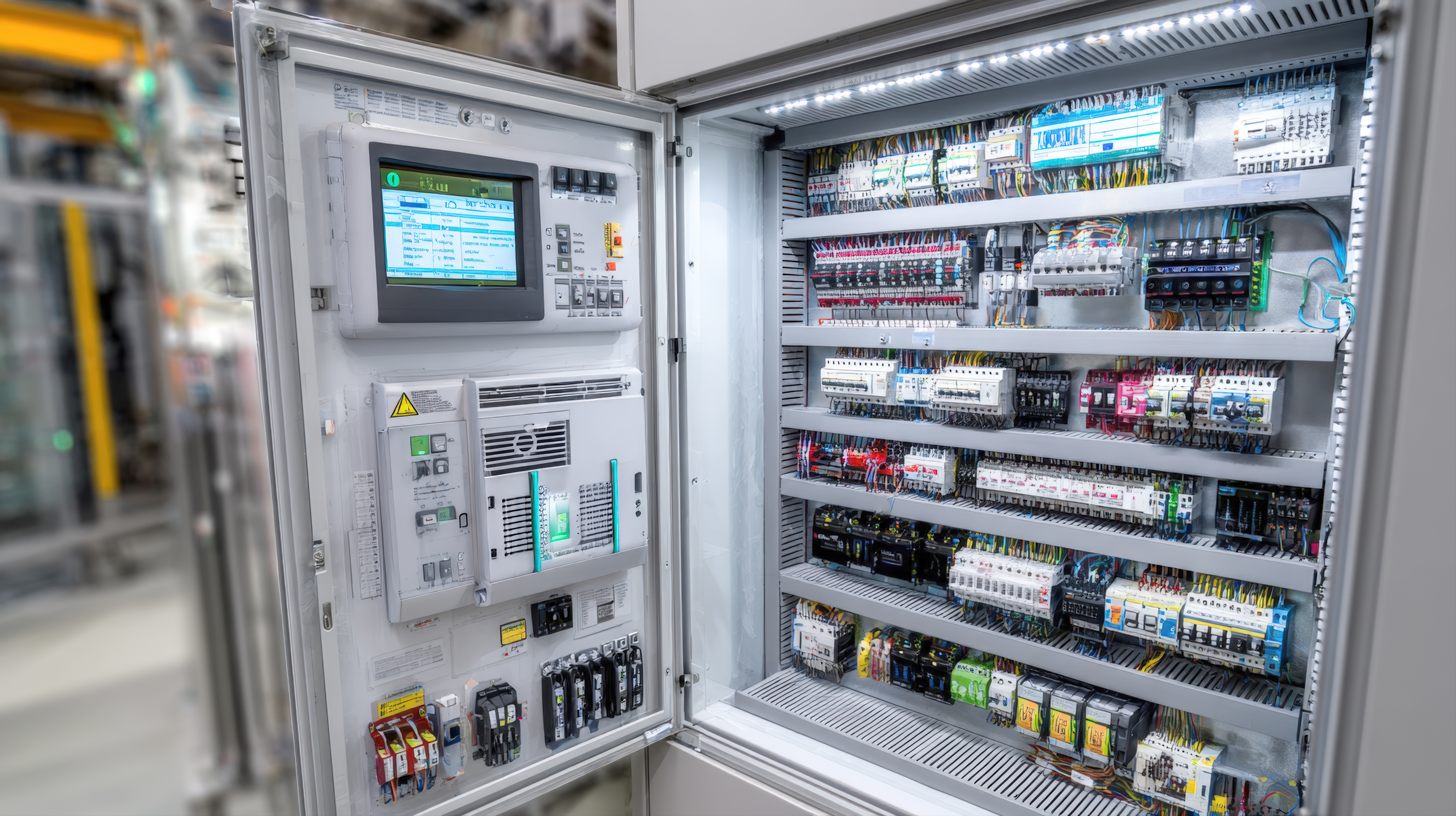 high-resolution shot of an open electrical control cabinet in a factory. It displays a complex network of wires, circuit breakers, switches, and a digital control screen, all essential for automation