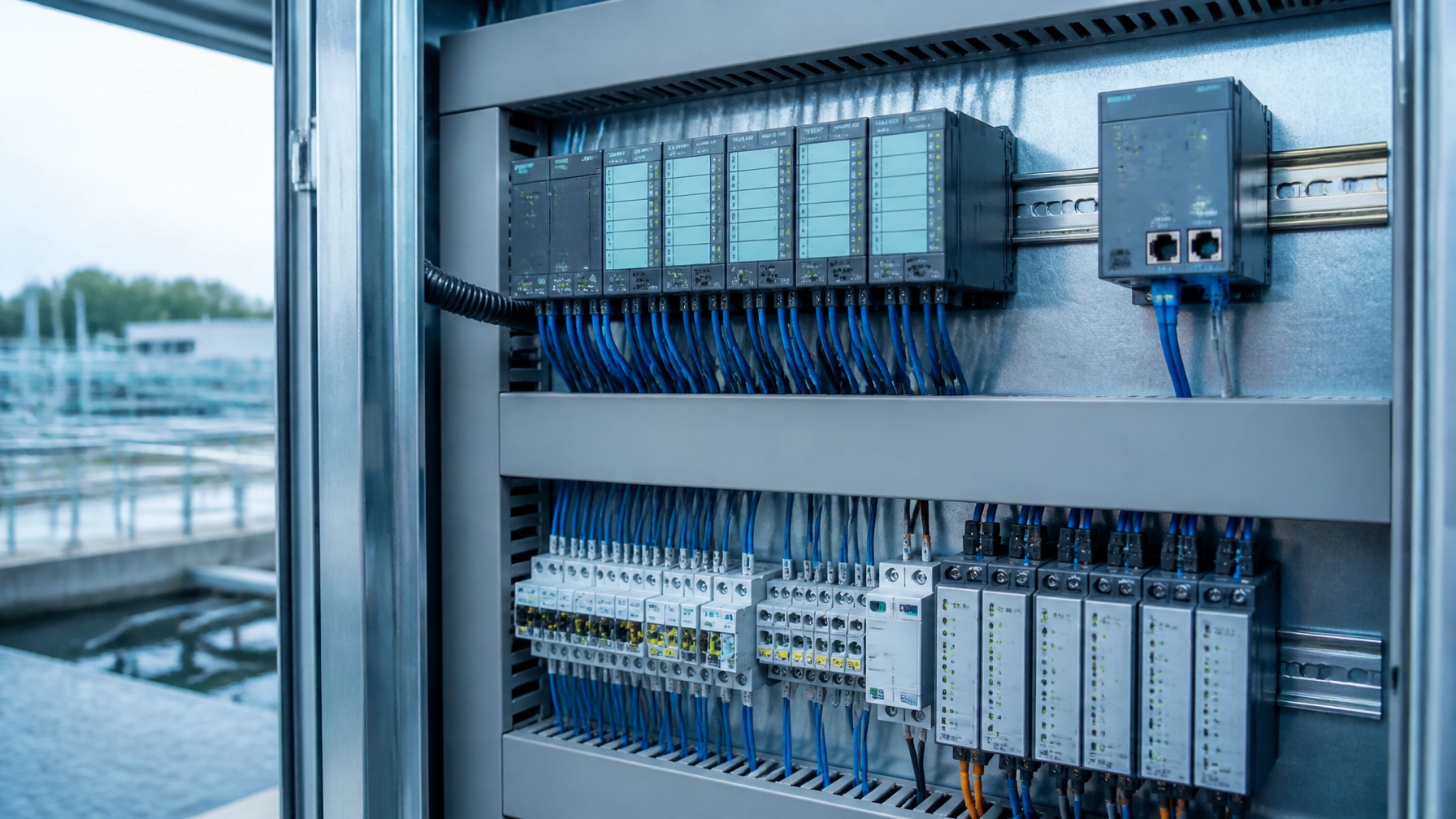 Illustration of modular control hardware, network connections, and wiring in a water-treatment control cabinet.