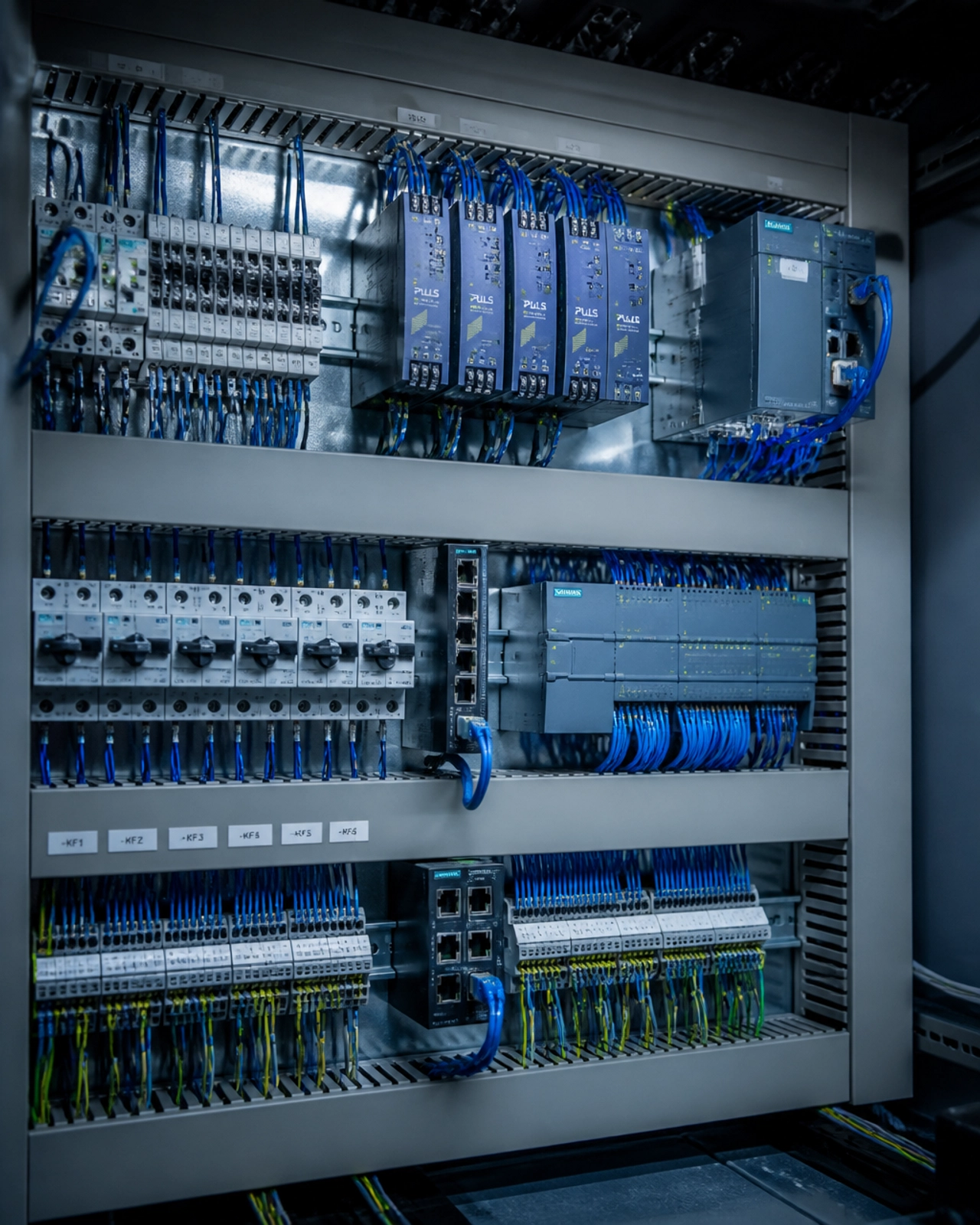 Illustration of an industrial control panel with control hardware, power supplies, Ethernet switches, and terminal wiring.