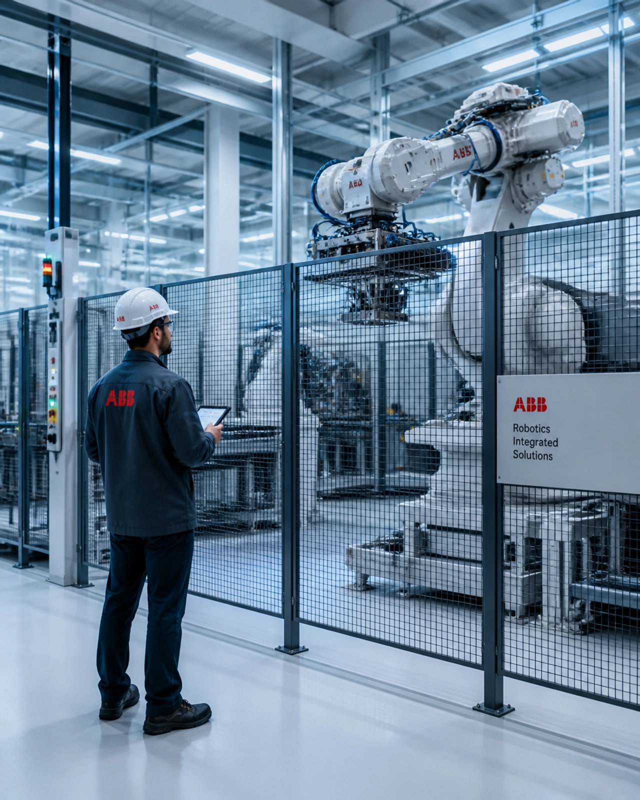 Illustration of an engineer using a tablet beside a guarded ABB robot cell.