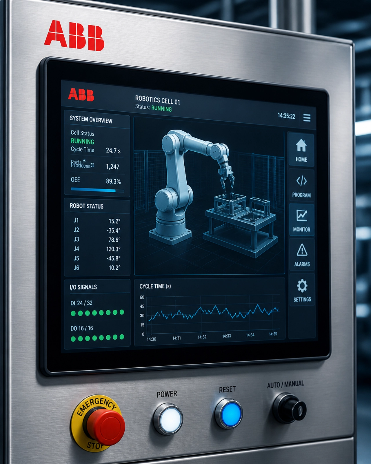 Illustration of a robot-cell HMI showing a 3D robot model, operating status, and cycle-time data.
