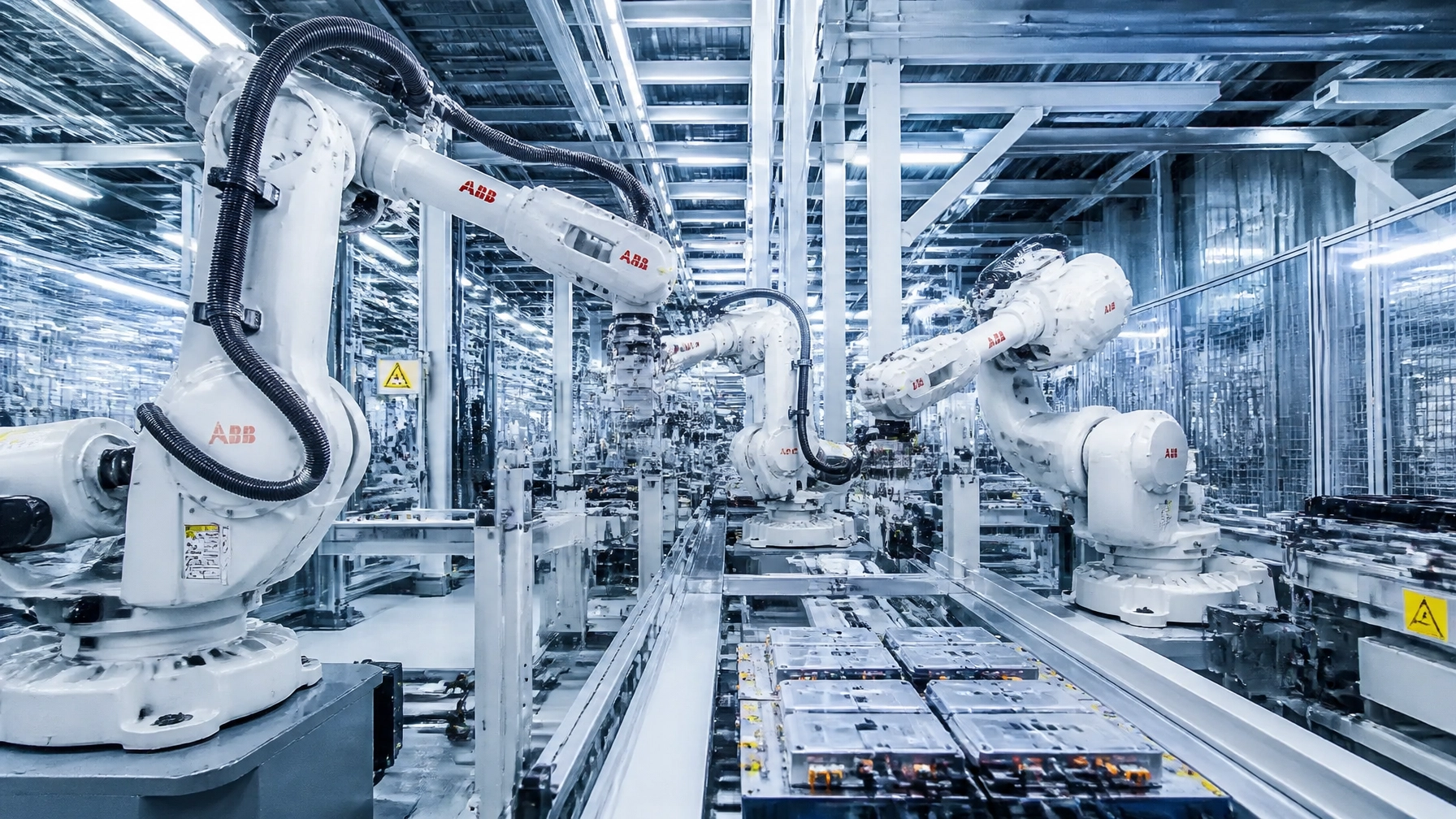Illustration of ABB robot arms arranged along an automated manufacturing line.