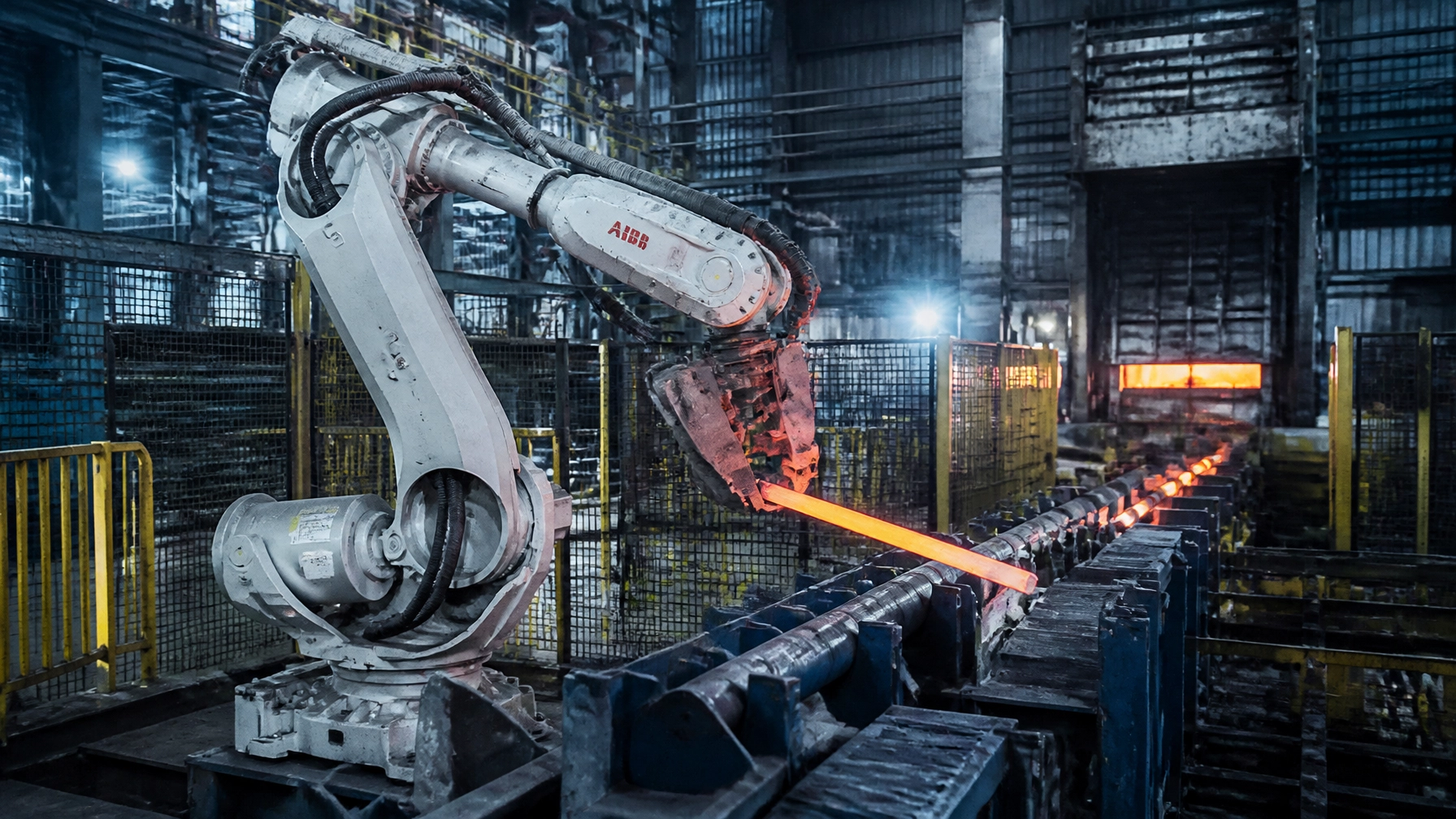 Illustration of an ABB industrial robot handling glowing metal beside a roller conveyor in a steel mill.
