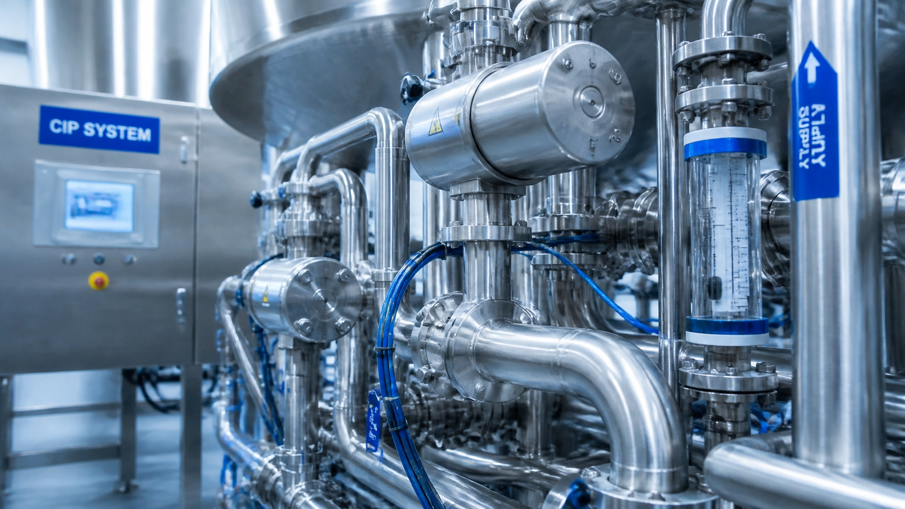 Illustration of stainless steel piping, valves, and instrumentation in a clean-in-place system.
