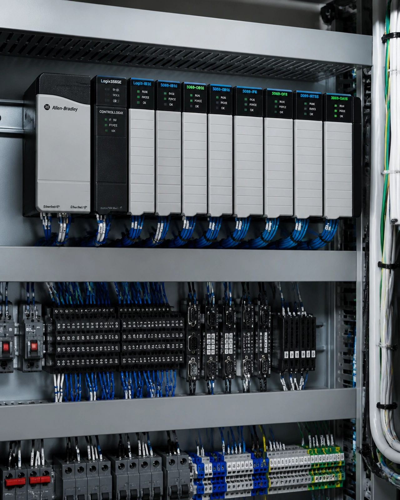 Illustration of modular PLC hardware, terminal blocks, and organized wiring inside an industrial control cabinet.