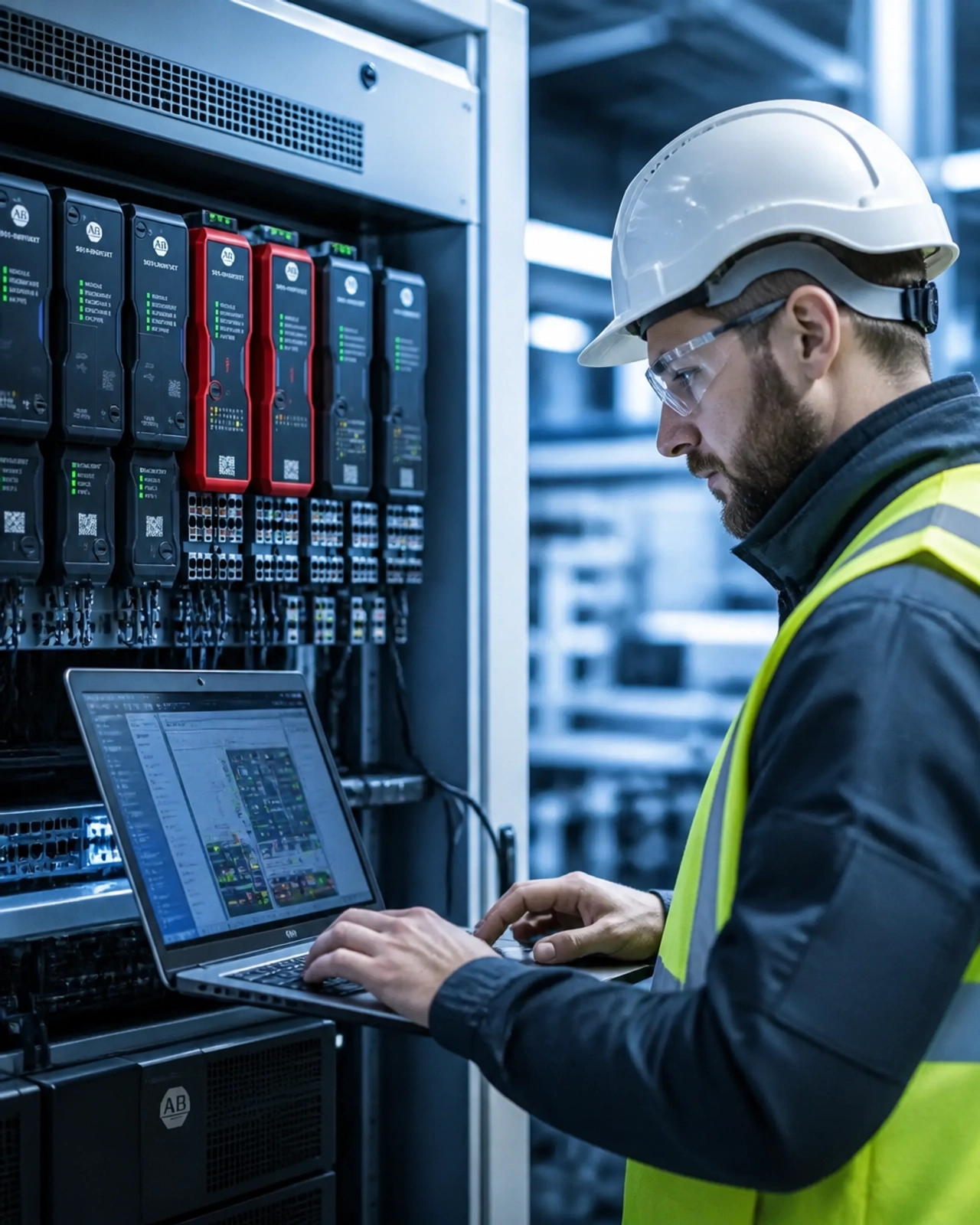 Illustration of an engineer using a laptop beside industrial control hardware inside an open cabinet.