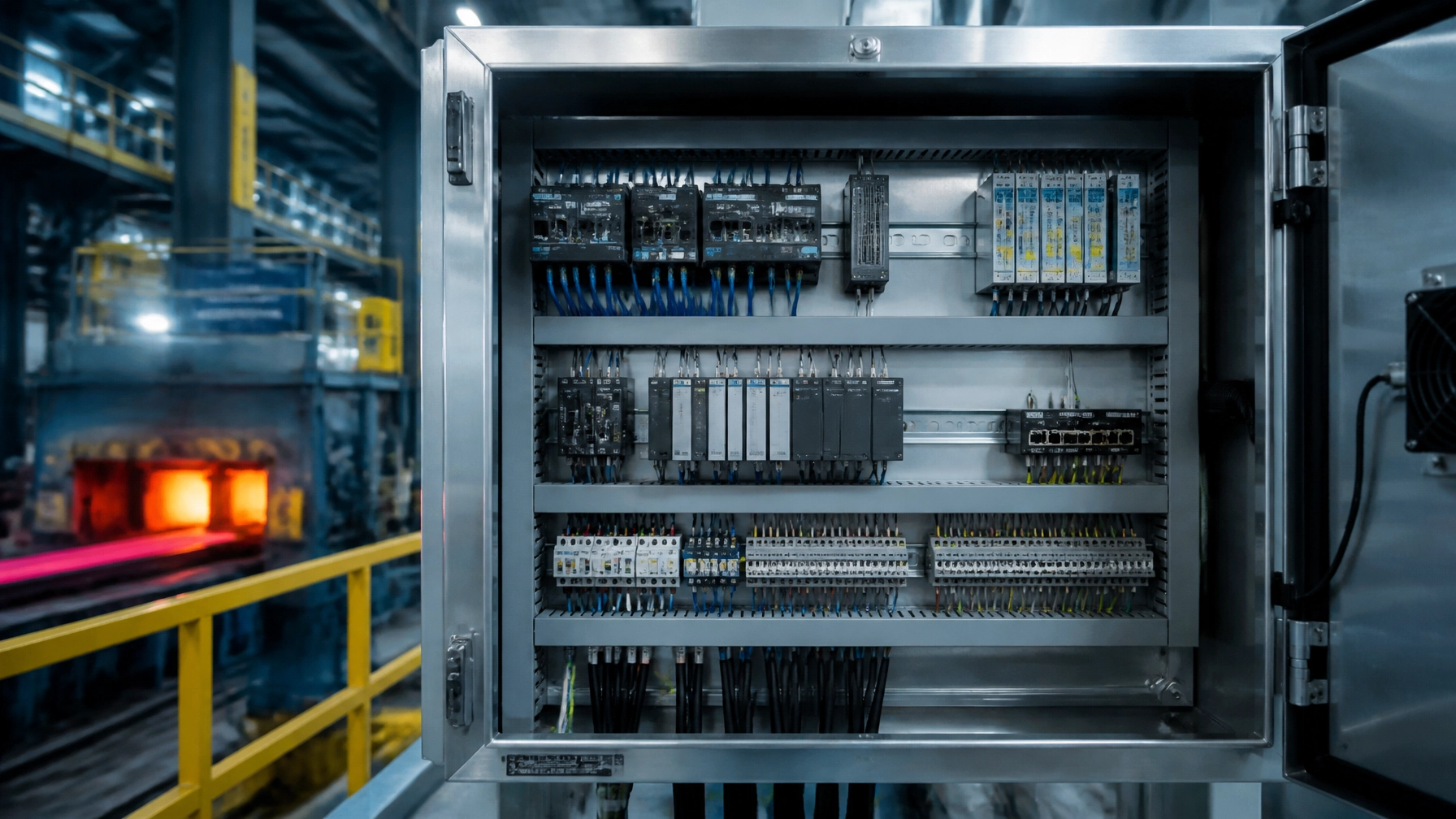 Illustration of an open industrial control cabinet with modular hardware and wiring beside a metals processing line.
