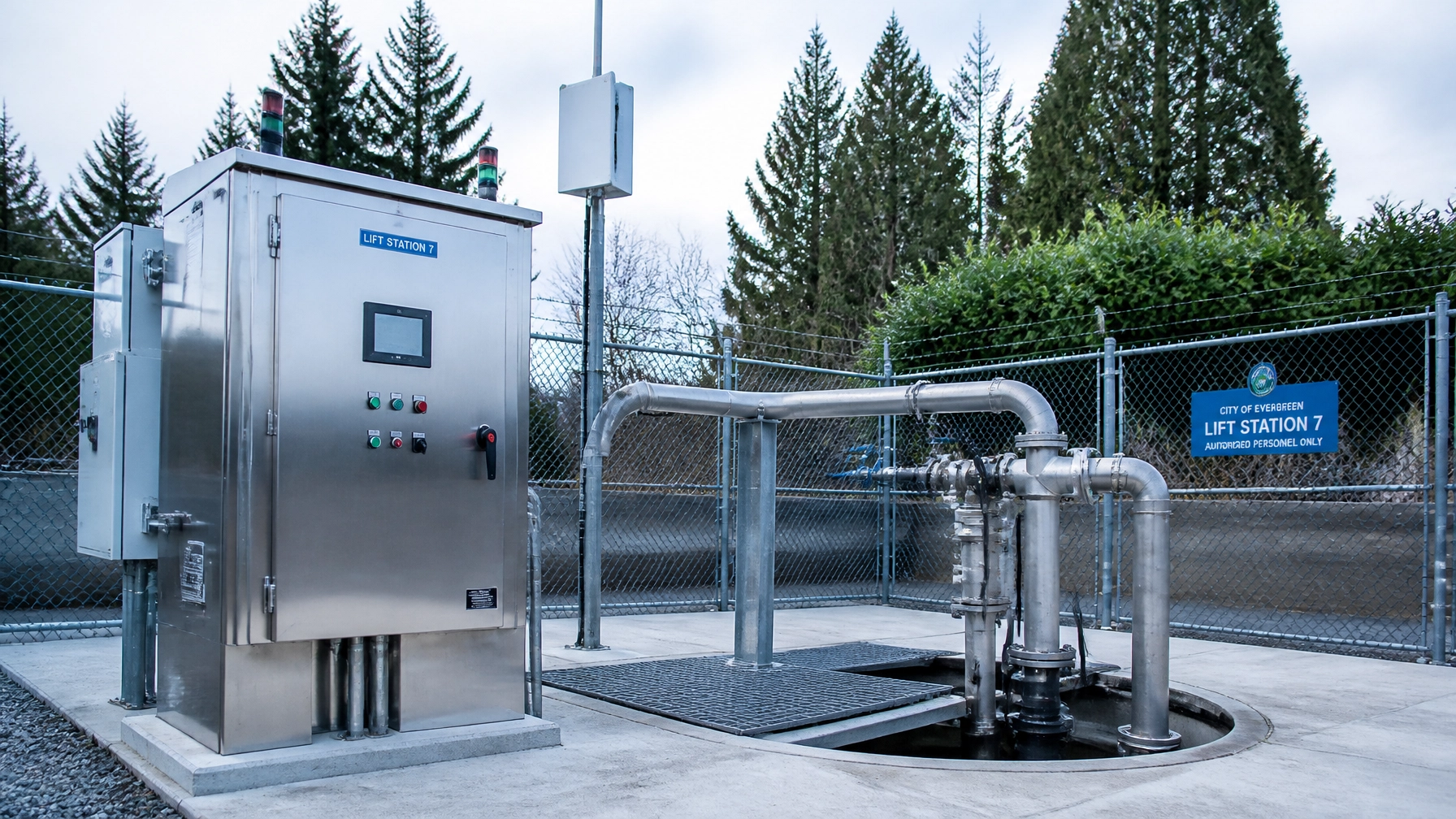 Illustration of a fenced municipal lift station with an outdoor control cabinet, antenna, and wastewater piping.