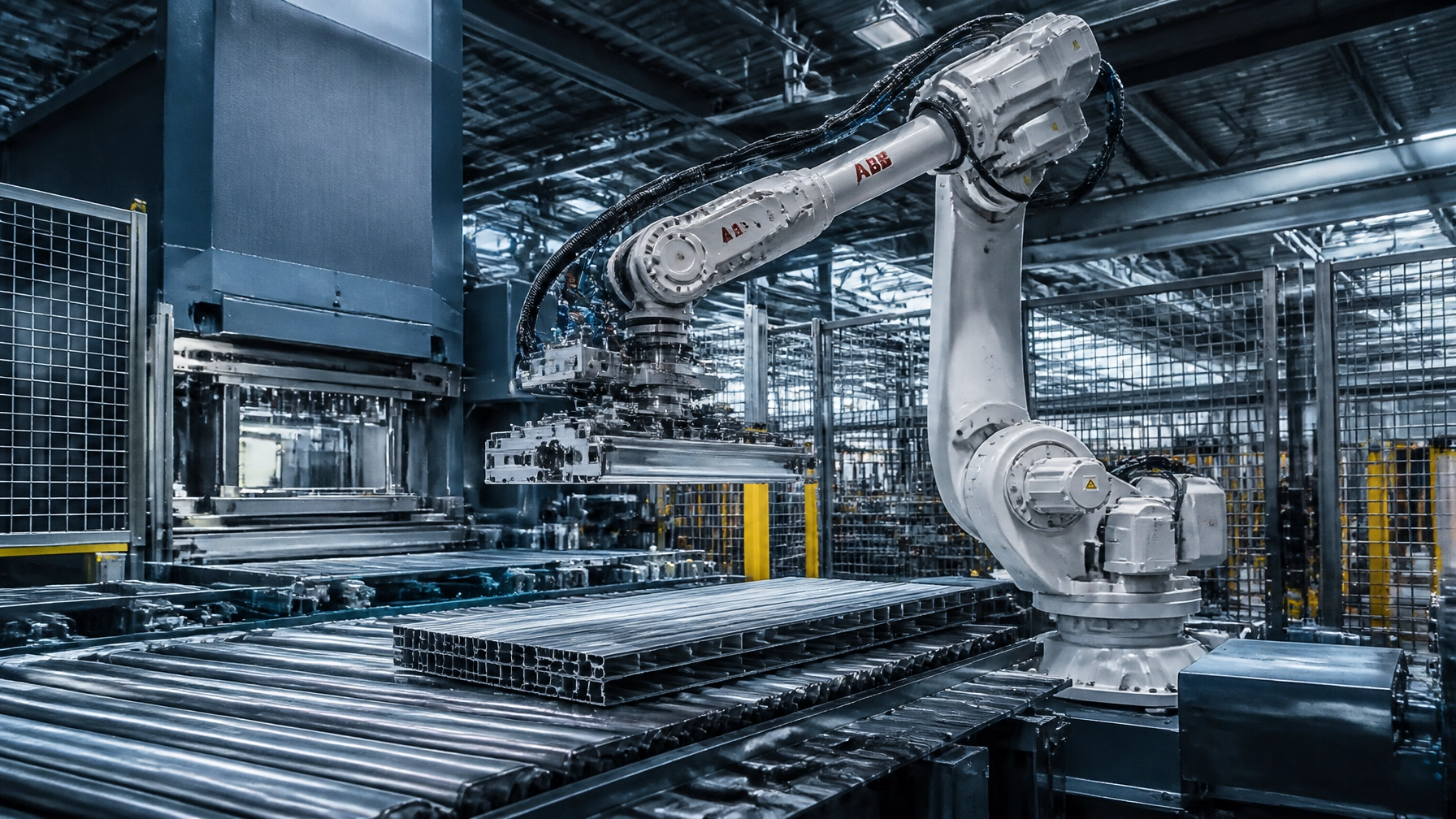 Illustration of an ABB industrial robot handling metal sections beside a guarded roller conveyor.