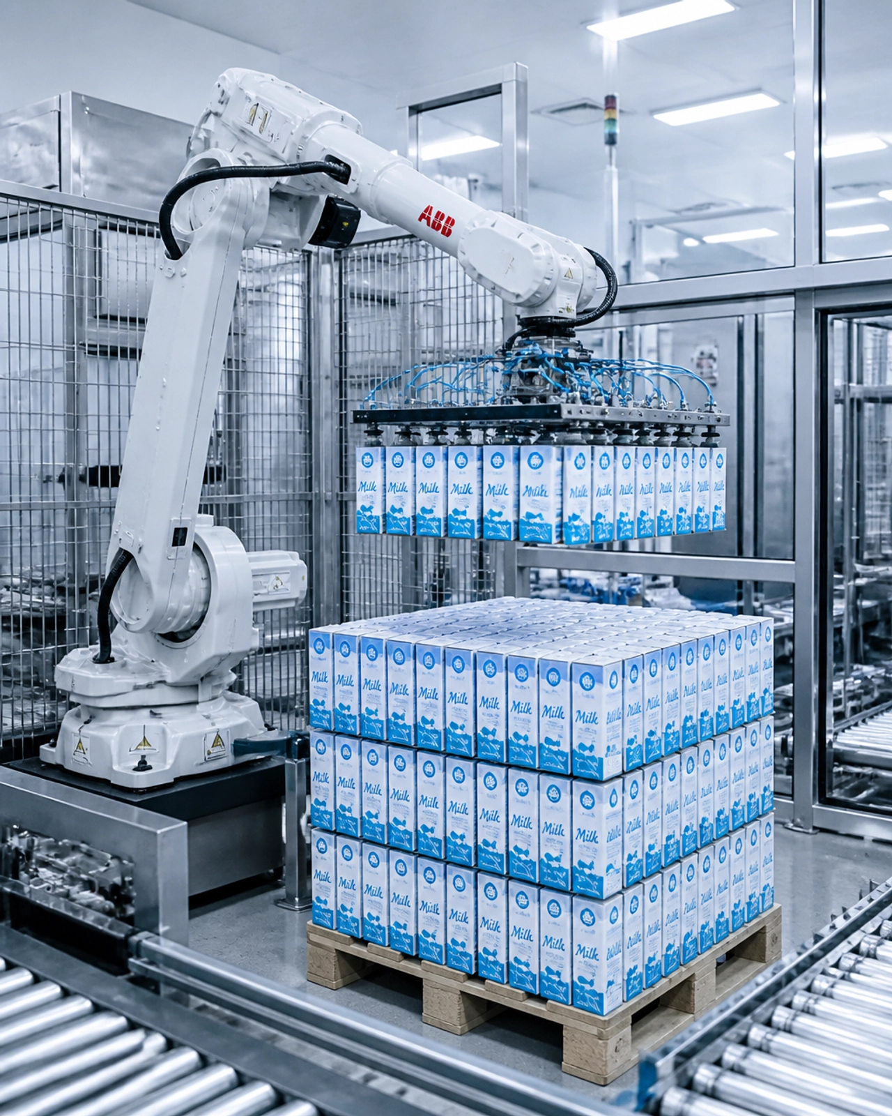 Illustration of an ABB robot palletizing milk cartons inside a guarded dairy packaging cell.