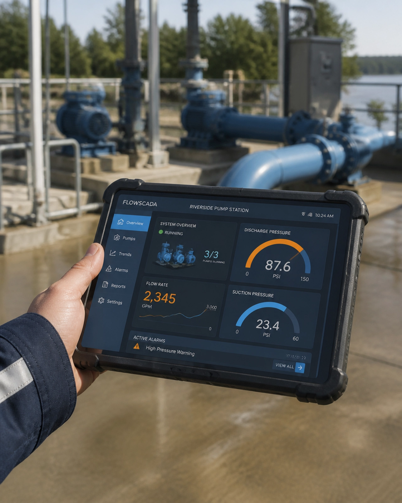 Illustration of an operator viewing pump status, pressure, and flow data on a tablet at a pump station.