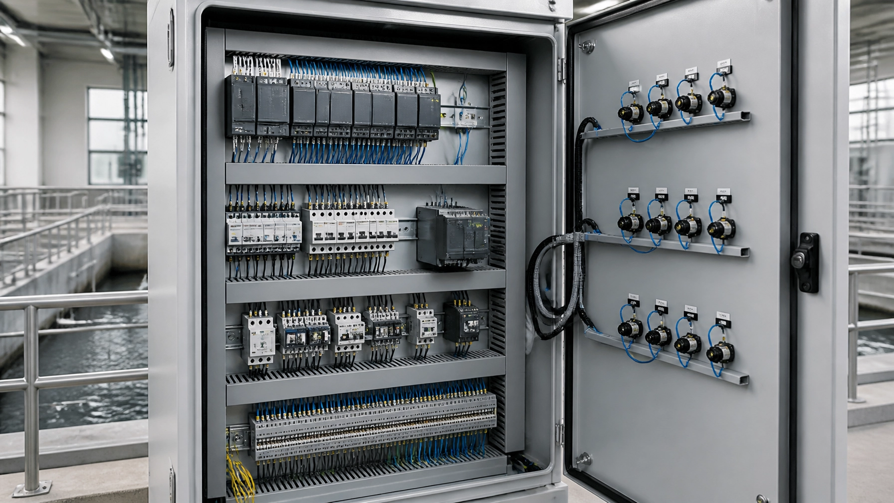 Illustration of an open industrial control cabinet at a water treatment facility.