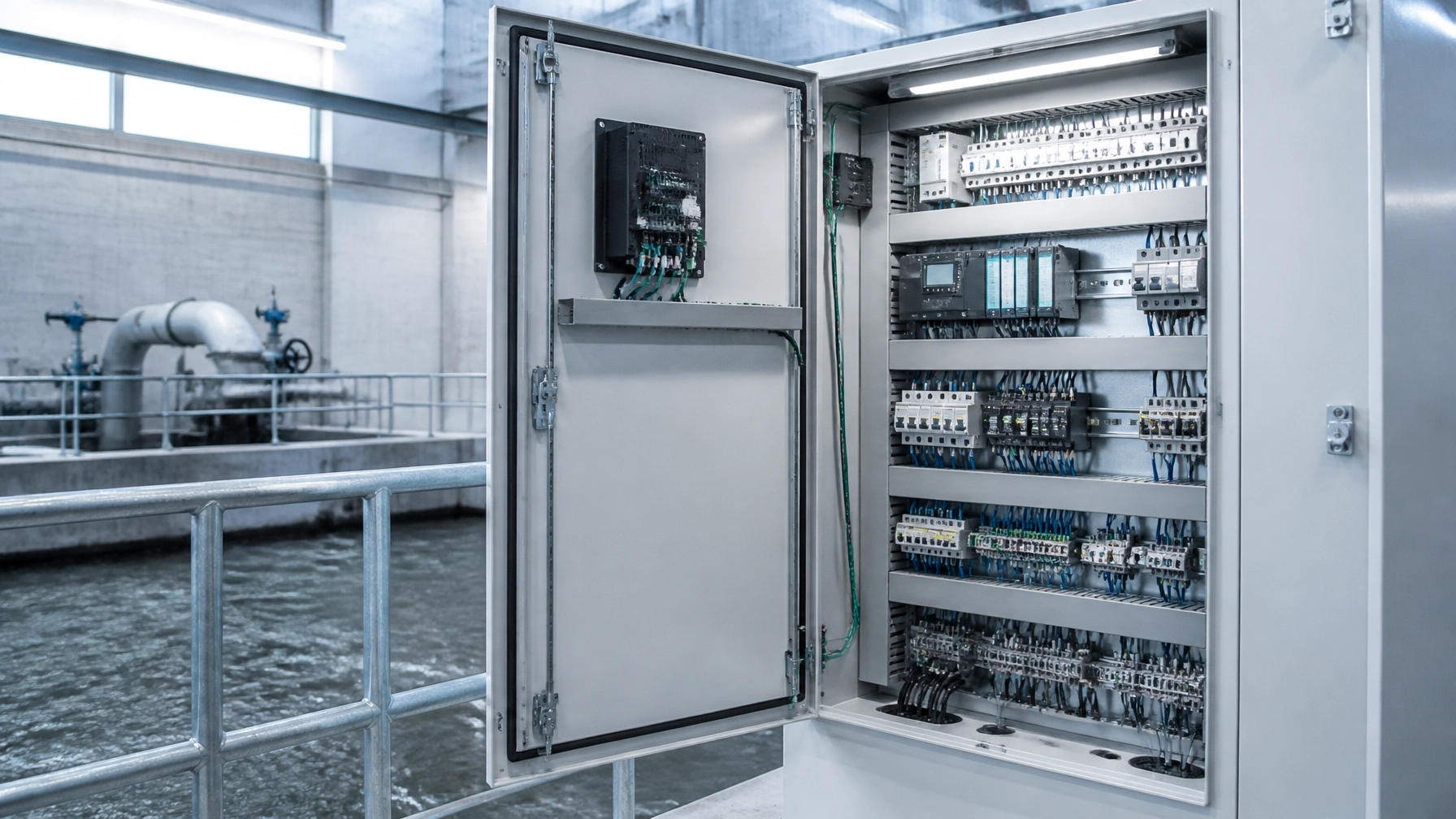 Illustration of an open control cabinet with PLC hardware and wiring beside a water treatment basin.