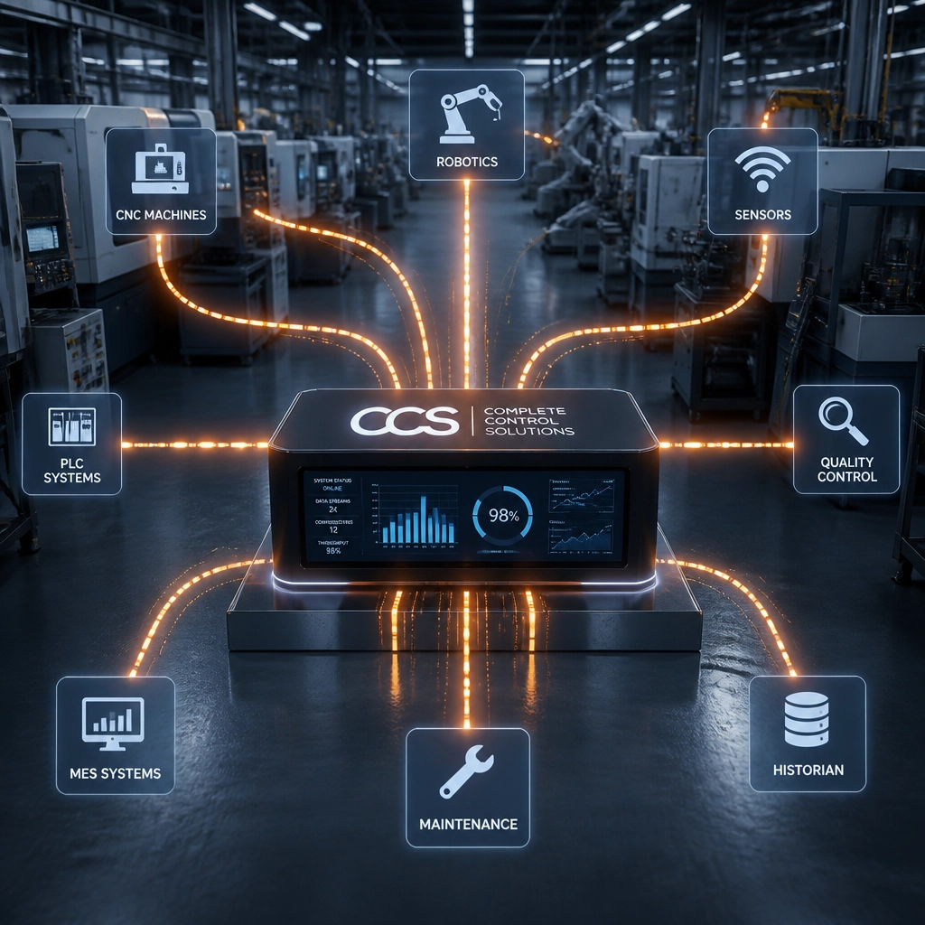 Conceptual illustration connecting machines, robotics, sensors, PLCs, MES, historian, and maintenance systems through a central data hub.