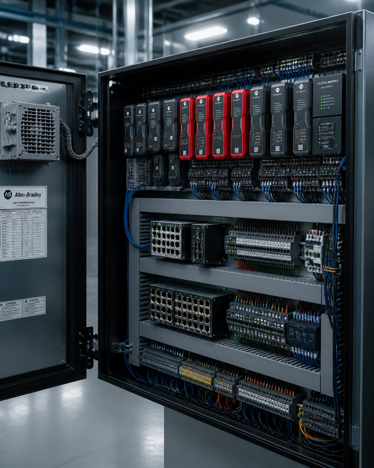 Illustration of an industrial control cabinet with modular control hardware, Ethernet switches, terminal blocks, and wiring.