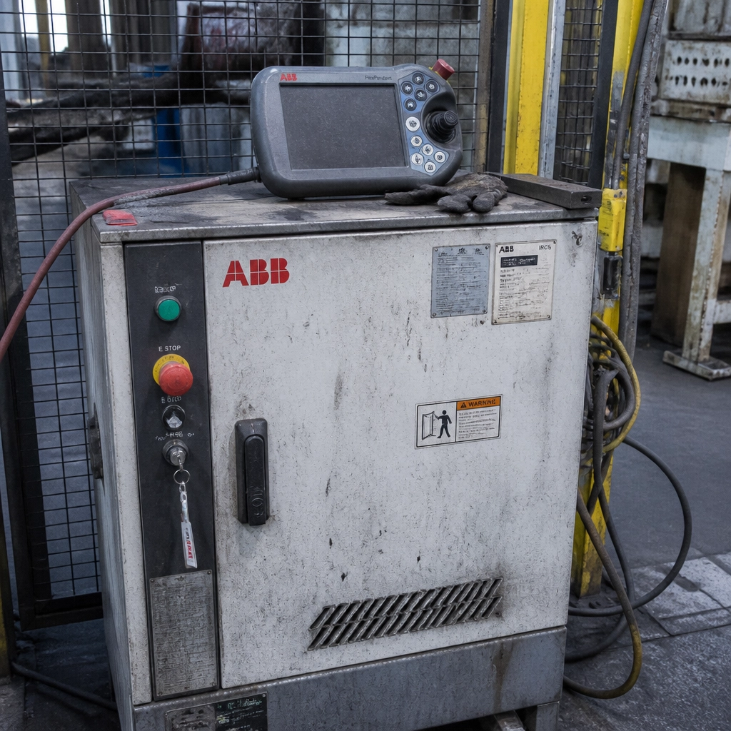 ABB robot controller cabinet with a teach pendant beside a guarded robot cell.