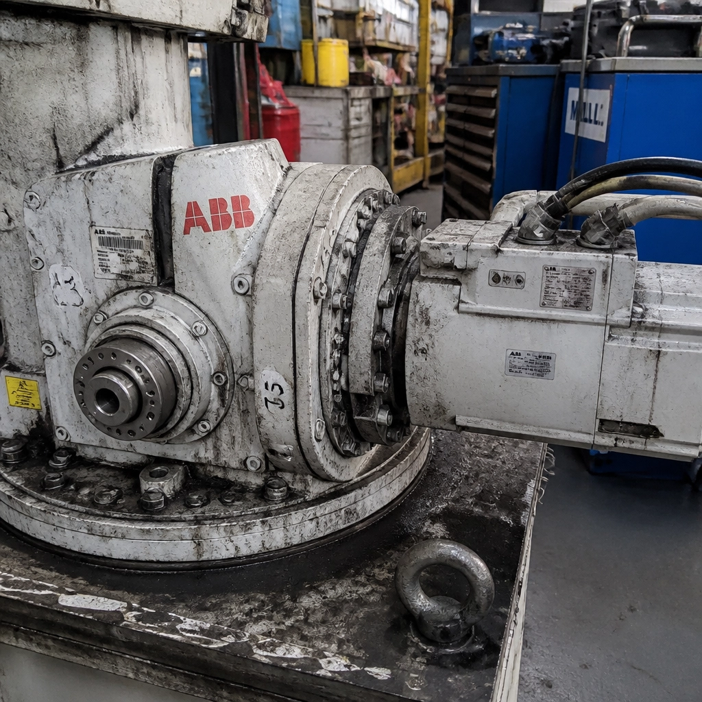 ABB robot motor and gearbox assembly in an industrial maintenance workshop.