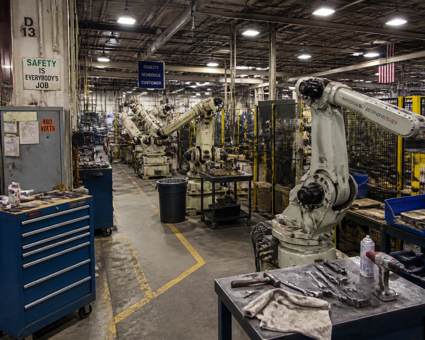 Industrial robot arms, maintenance workbenches, and tools in a robotics workshop.