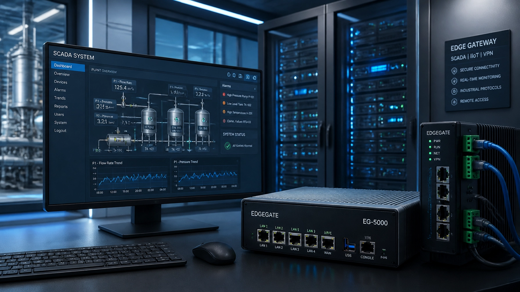 Illustration of a SCADA dashboard, industrial edge gateways, and server racks.