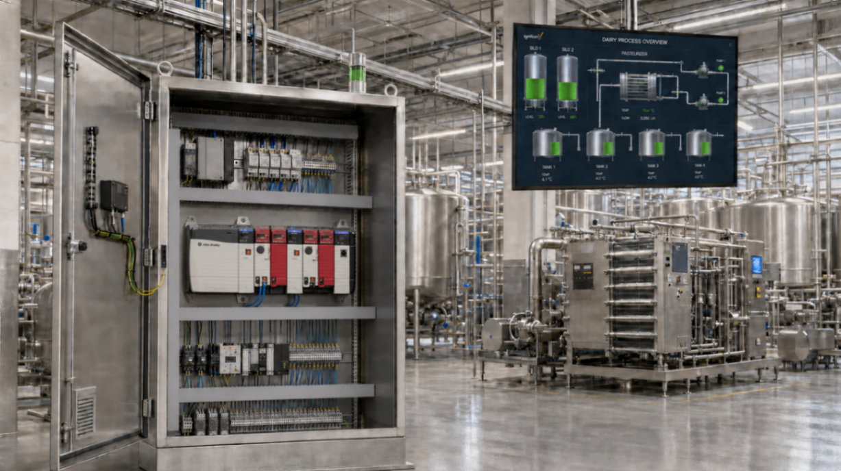 Custom CCS control panel installed in a dairy processing facility with an Ignition SCADA dashboard