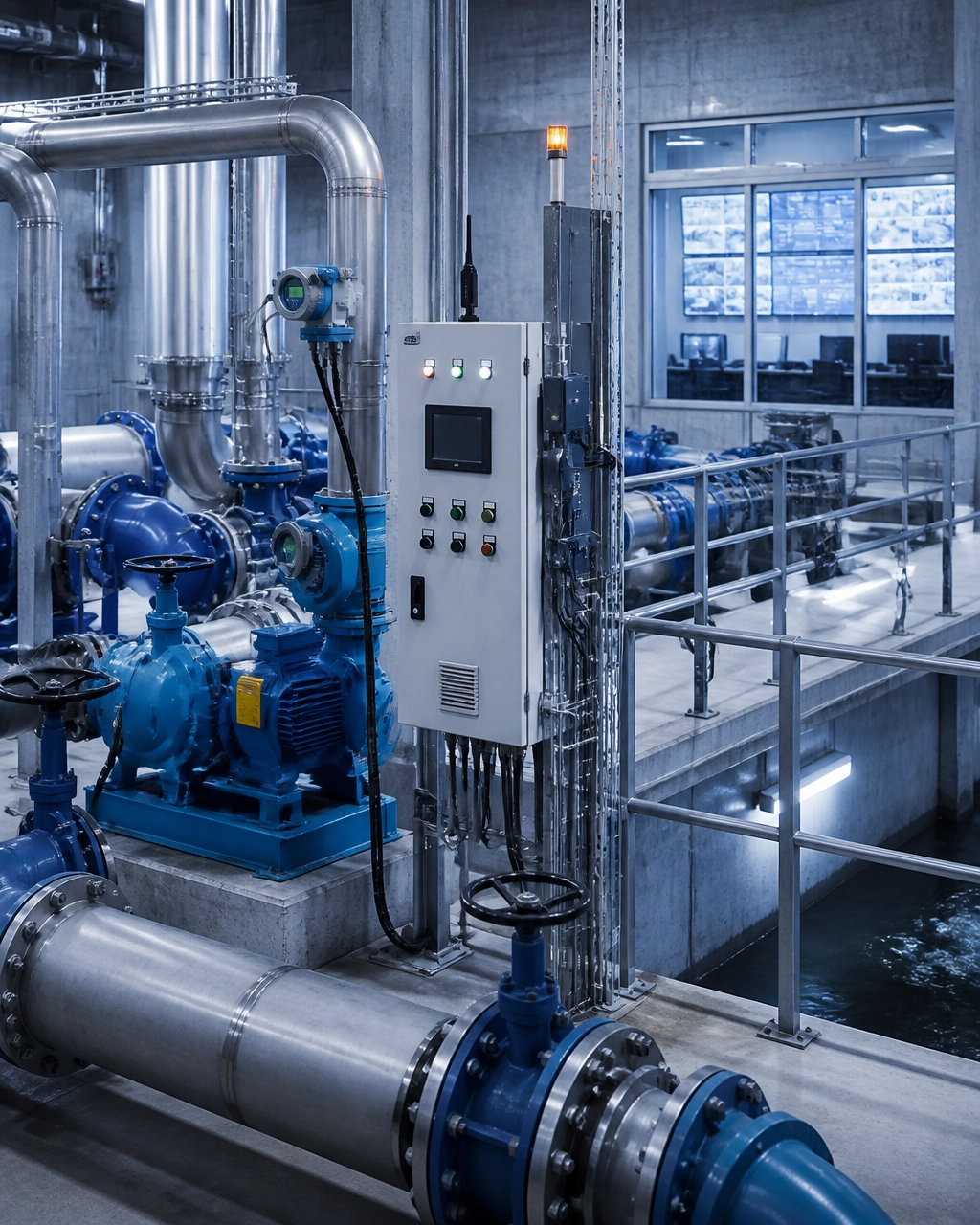Municipal water and wastewater automation facility with pumps, instrumentation, control equipment, and remote monitoring infrastructure