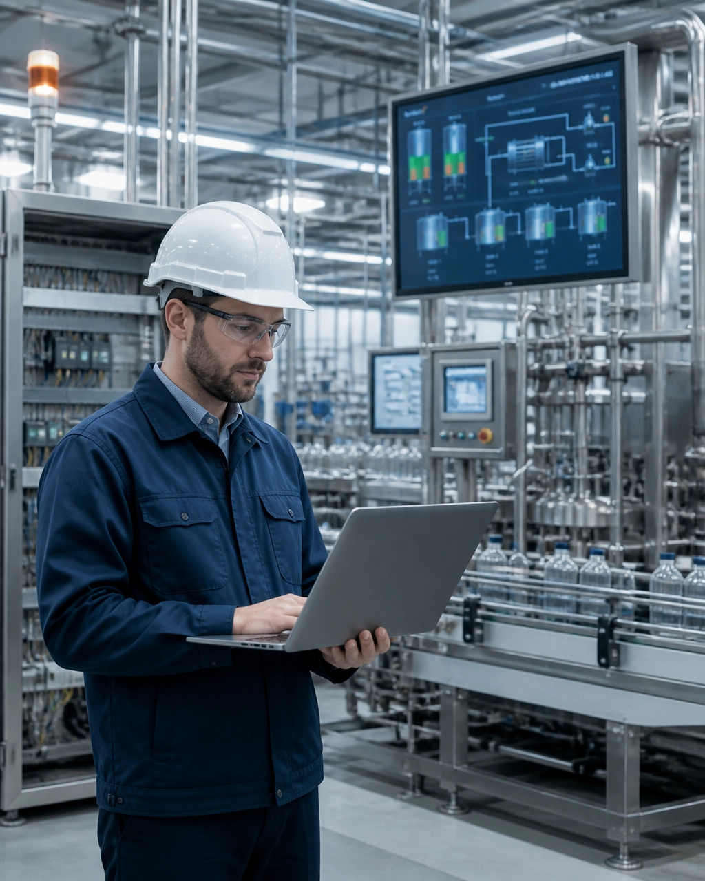 Illustration of a controls engineer using a laptop beside a production line with process-monitoring displays.