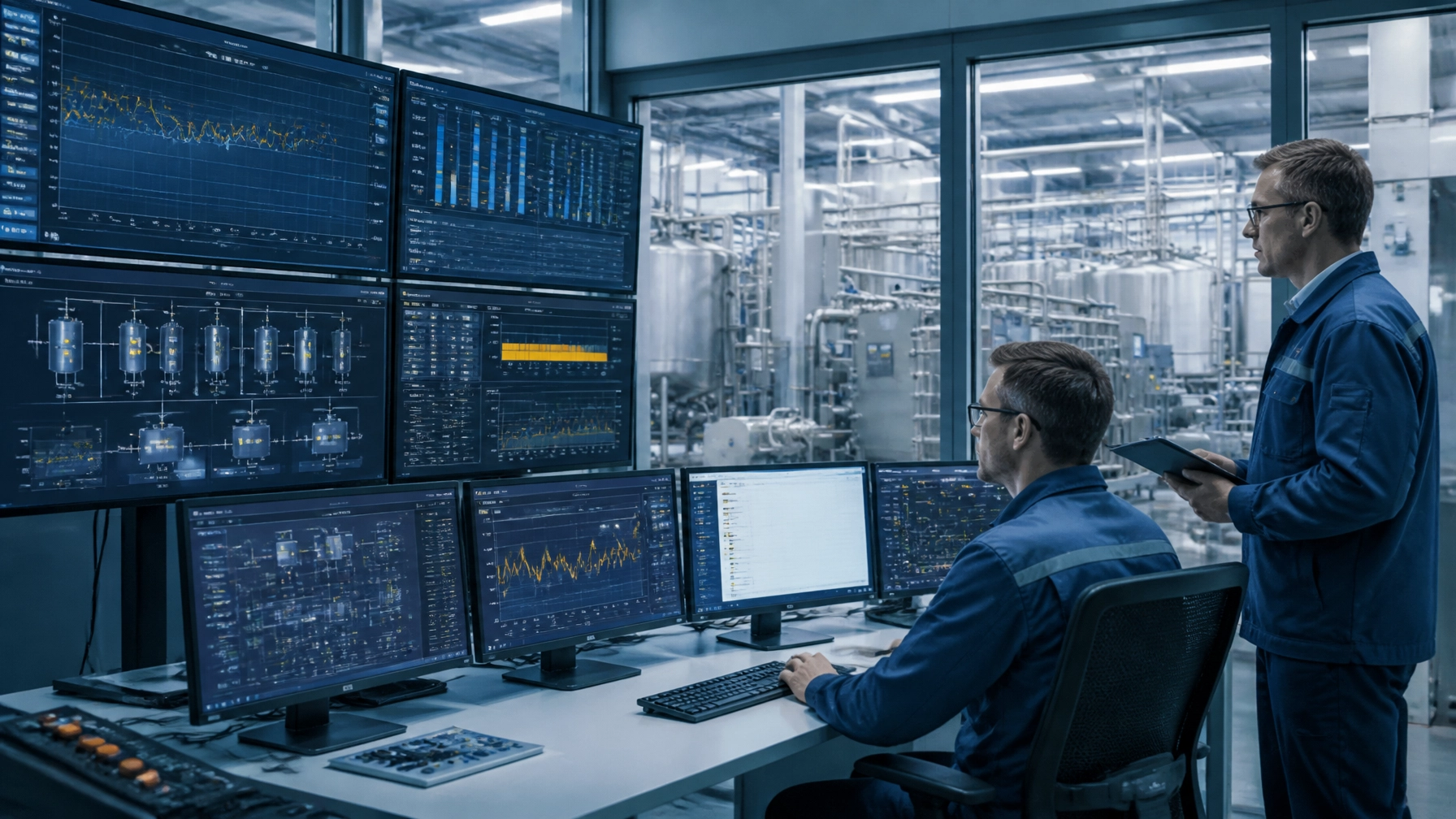 Illustration of two engineers reviewing SCADA process displays and trends in a manufacturing control room.