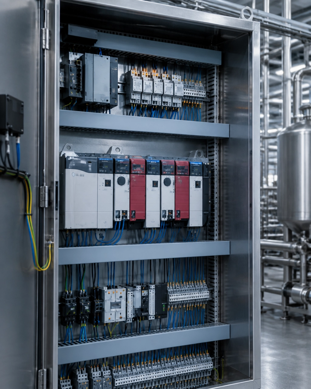 Illustration of an industrial control cabinet with modular control hardware, drives, and terminal wiring.