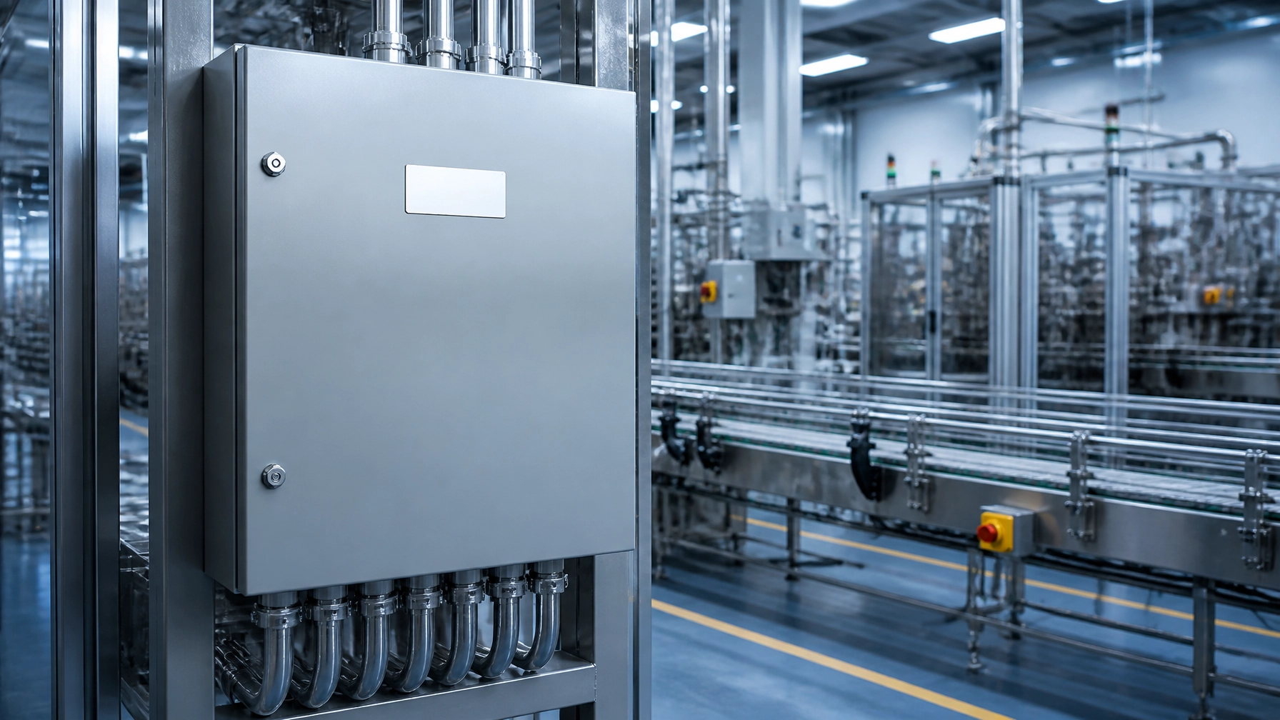 Illustration of a closed industrial control enclosure with conduit connections beside an automated production line.