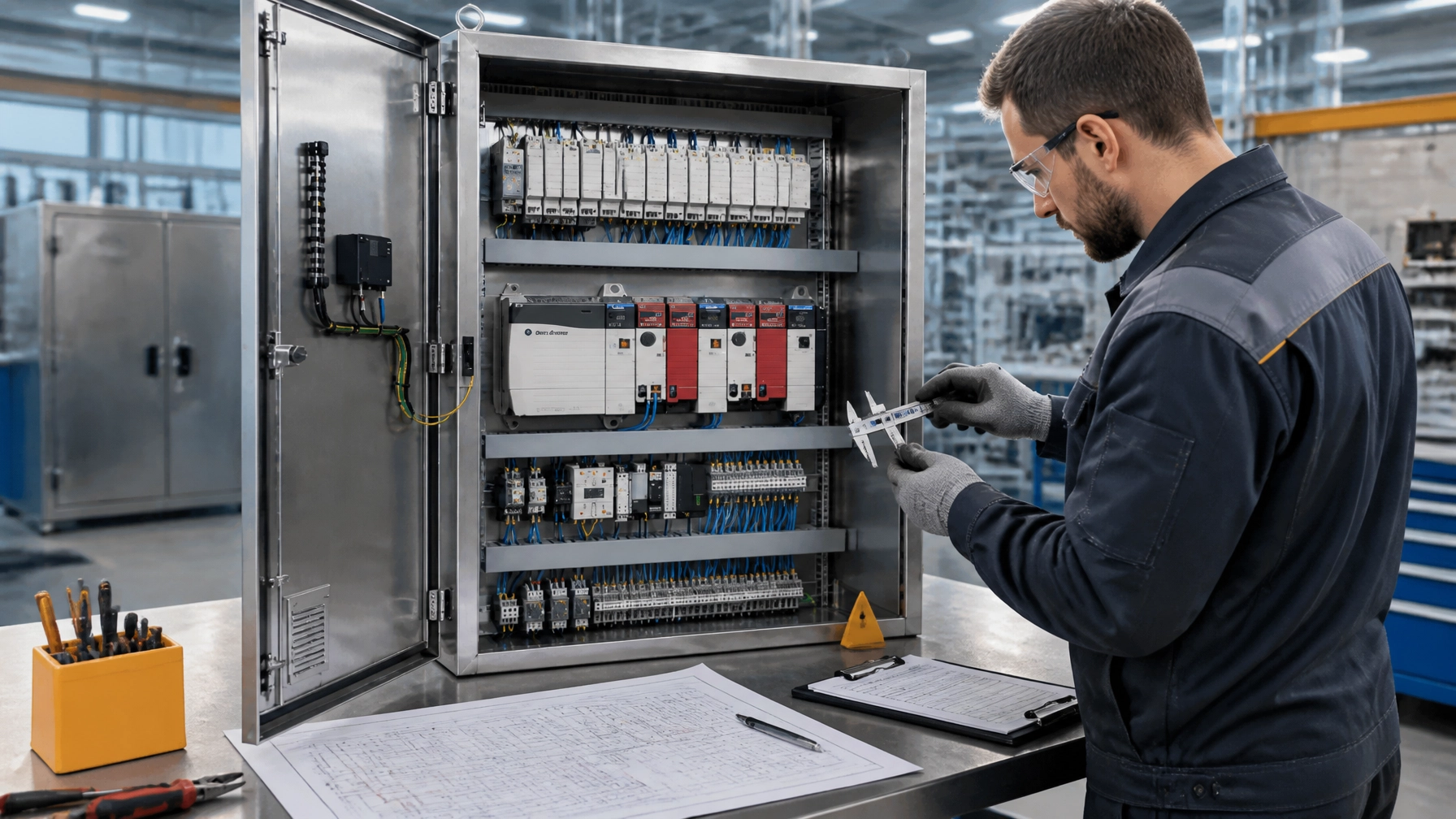 Illustration of a technician inspecting an industrial control panel beside electrical drawings and measurement tools.