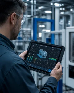 Engineer using a rugged industrial tablet to monitor real-time SCADA data