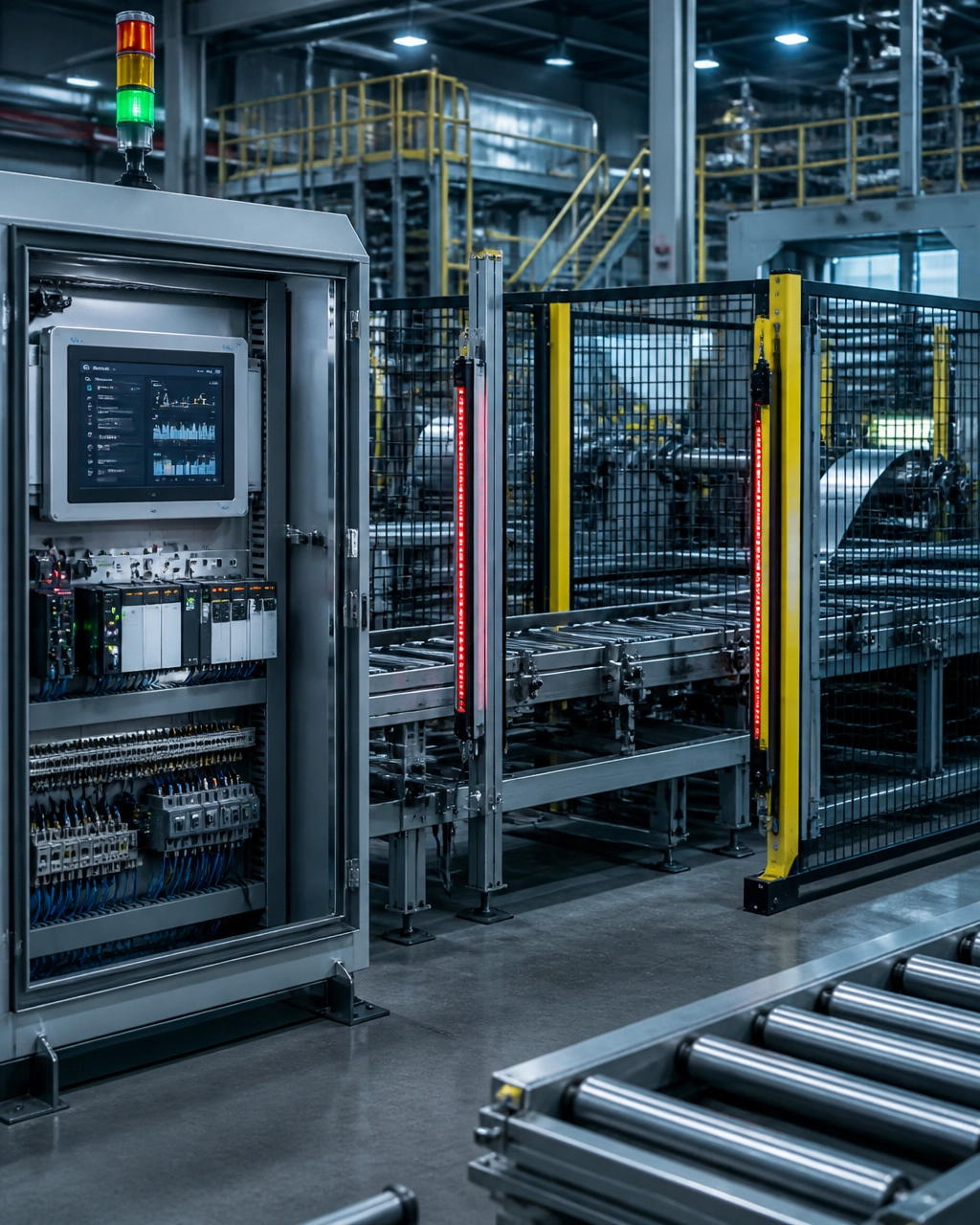 Rugged metals manufacturing automation environment with guarded machinery, control cabinets, and industrial sensors