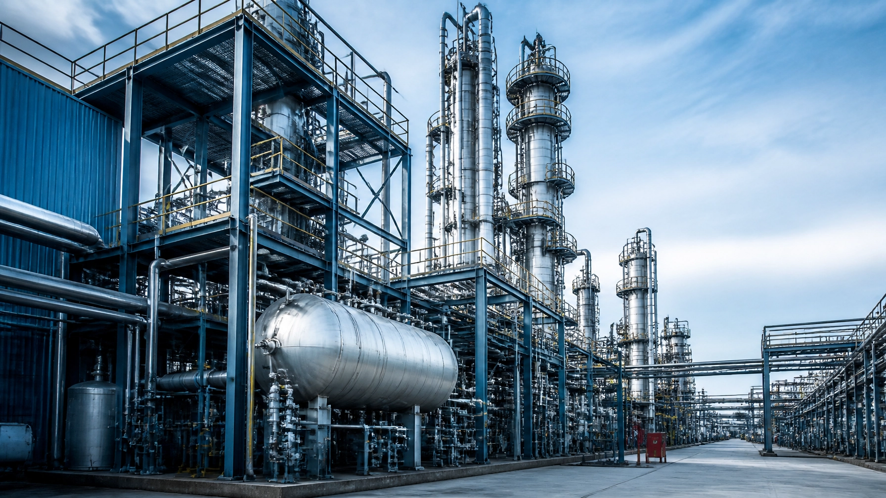 Illustration of a chemical processing plant with towers, vessels, piping, and access platforms.