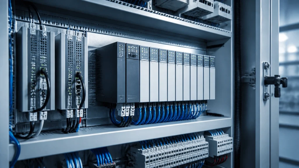 Illustration of modular industrial control hardware, network connections, and terminal wiring inside a control cabinet.