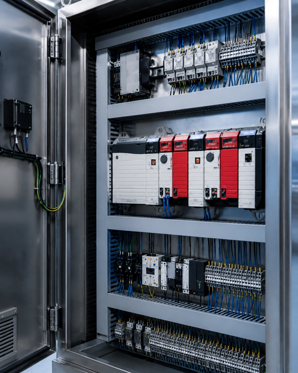 Illustration of an industrial control panel interior with modular control hardware, terminal blocks, and organized wiring.