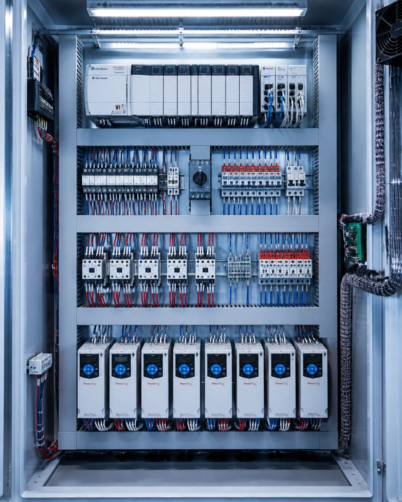 Illustration of a neatly wired industrial control panel with PLC hardware, safety relays, industrial Ethernet components, and organized wiring.
