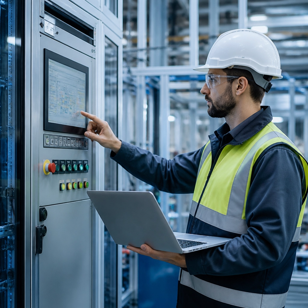Illustration of an engineer using an industrial HMI while holding a laptop.