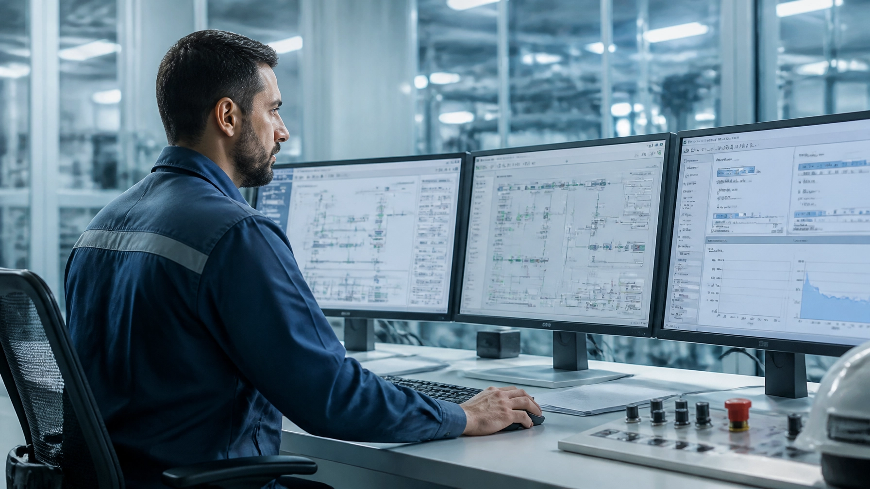 Illustration of a controls engineer reviewing process diagrams and operating trends across three monitors.