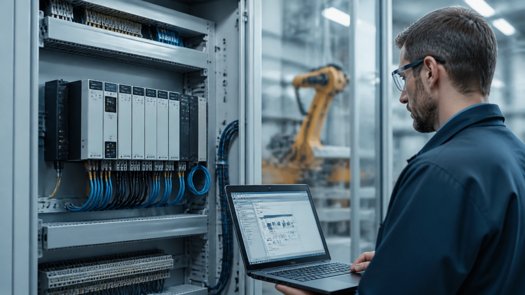 Illustration of an engineer using a laptop beside a PLC cabinet with a robot cell in the background.