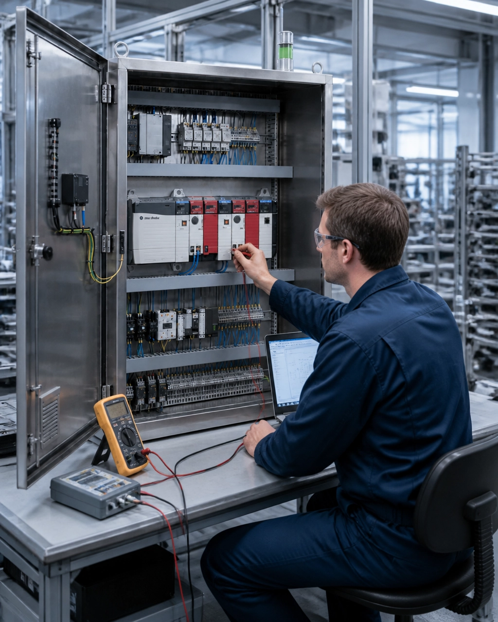 Illustration of an engineer testing an industrial control panel with a multimeter and laptop.