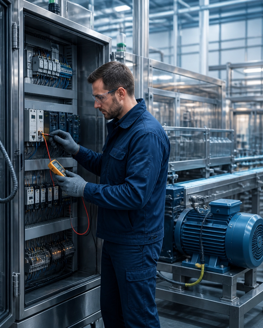Illustration of a technician using a multimeter to test industrial control equipment beside an electric motor.