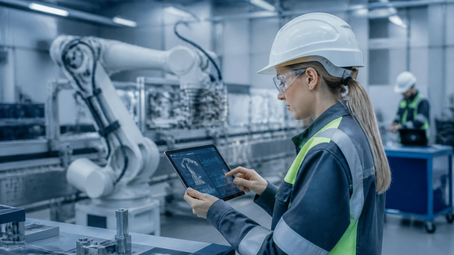Illustration of an engineer reviewing robot operating data on a tablet beside an automated production line.
