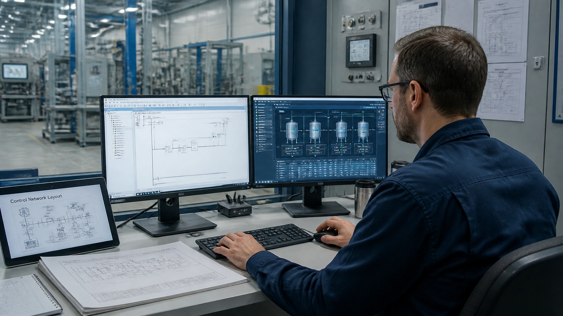 Illustration of a controls engineer reviewing PLC logic, SCADA displays, and network drawings at an engineering workstation.