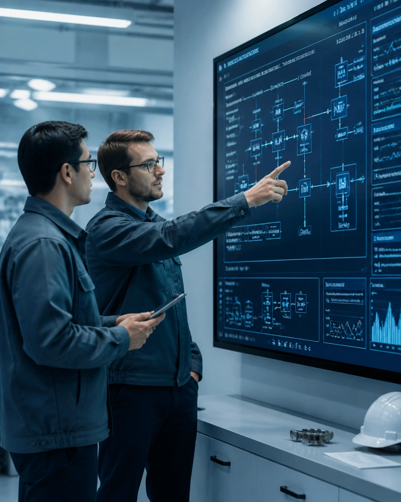Illustration of two engineers reviewing SCADA process displays and trends in a manufacturing control room.