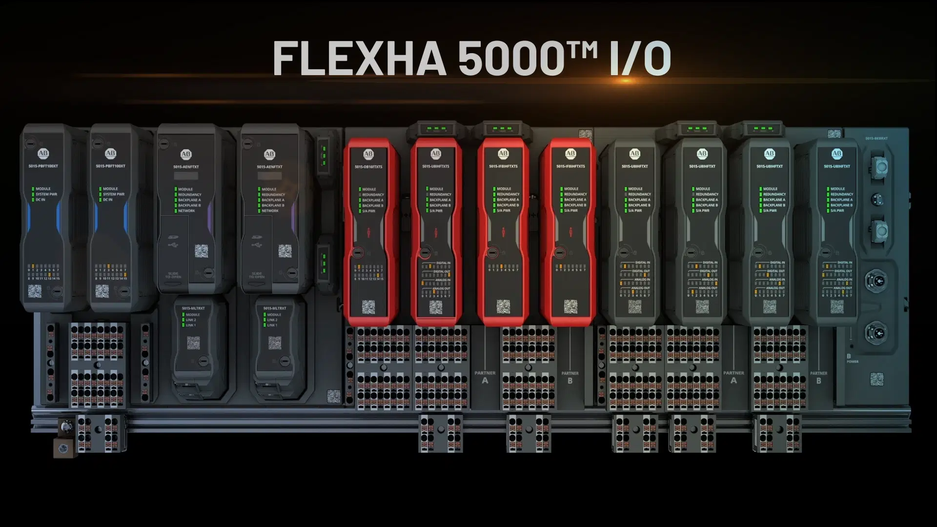 Allen-Bradley FLEXHA 5000 I/O assembly with network adapters, I/O modules, and terminal blocks.