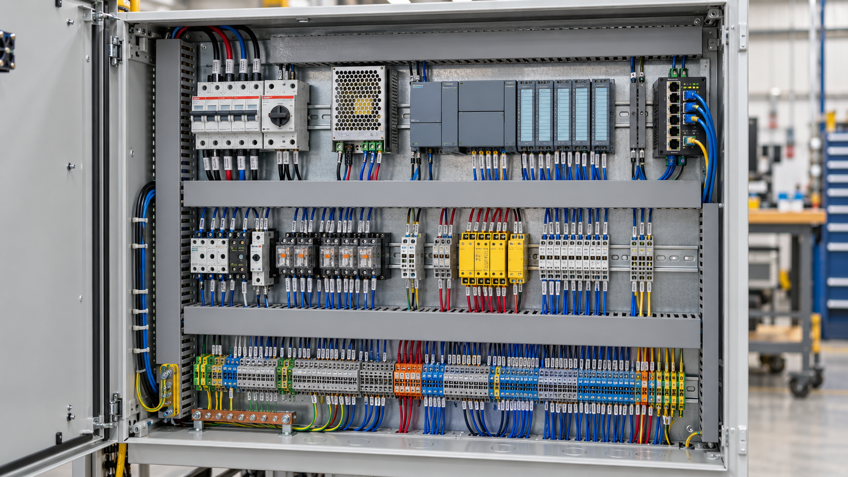 Neatly wired custom industrial control panel with PLC, safety relays and industrial Ethernet components