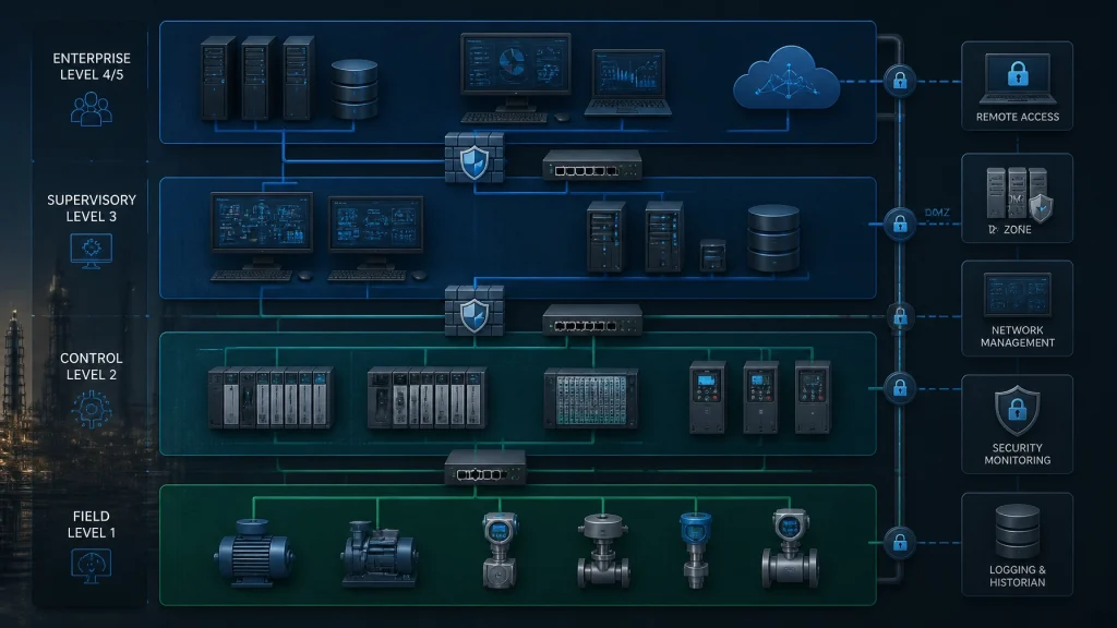Conceptual diagram of industrial network segmentation showing enterprise, supervisory, control, and field levels with firewalls and remote access.