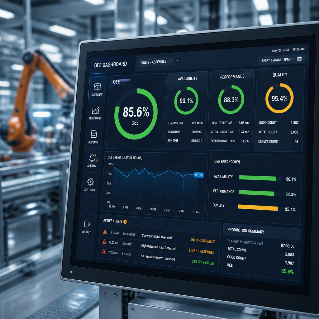 Conceptual illustration of a manufacturing HMI showing OEE, availability, performance, and quality indicators.
