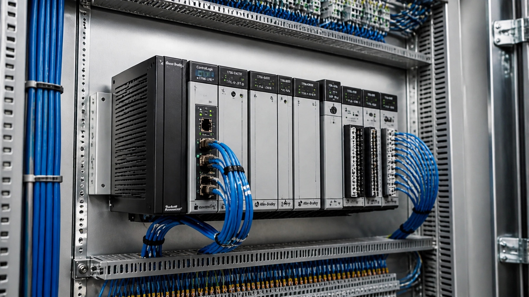 Illustration of modular PLC hardware and network cabling inside an industrial control cabinet.