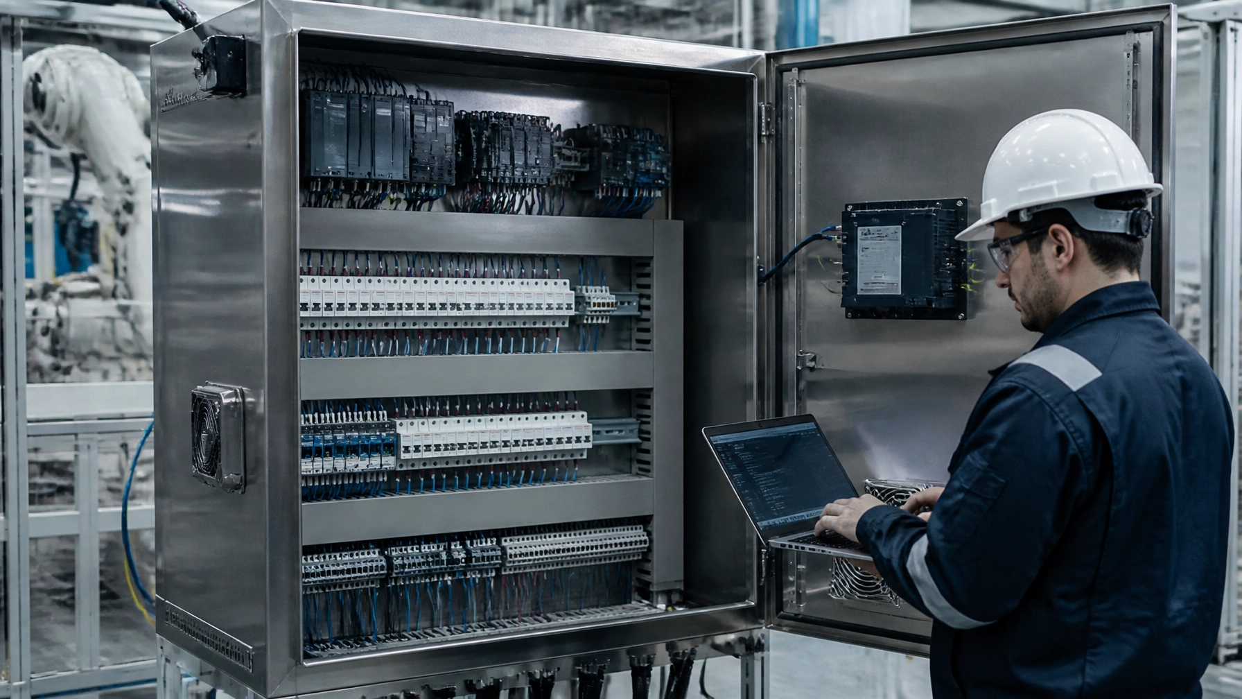 Illustration of an engineer using a laptop beside an open industrial control cabinet during commissioning.